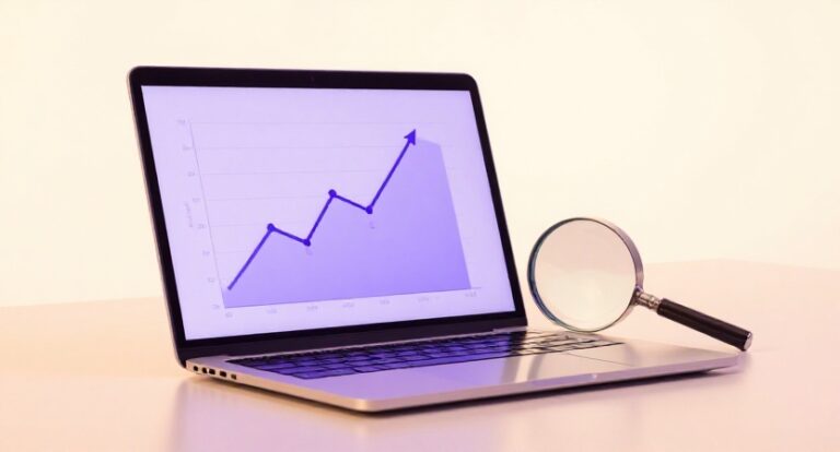 Portátil con una gráfica de crecimiento y una lupa: invertir en SEO