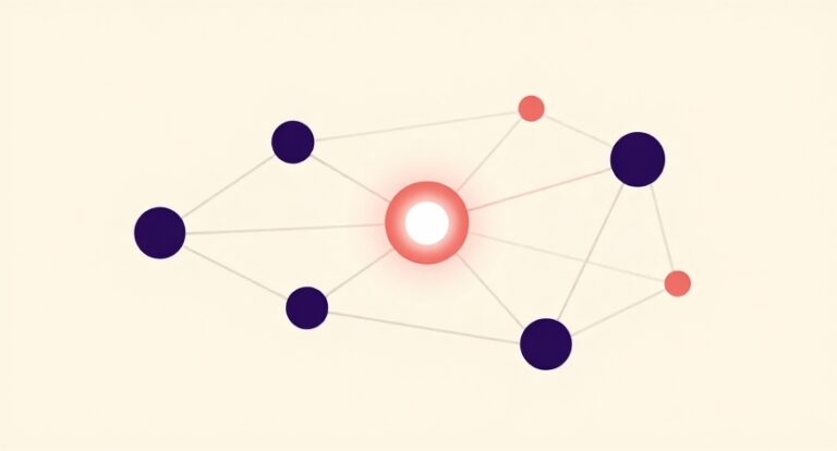 Ilustración de una red de nodos con uno central destacado: señales de autoridad SEO